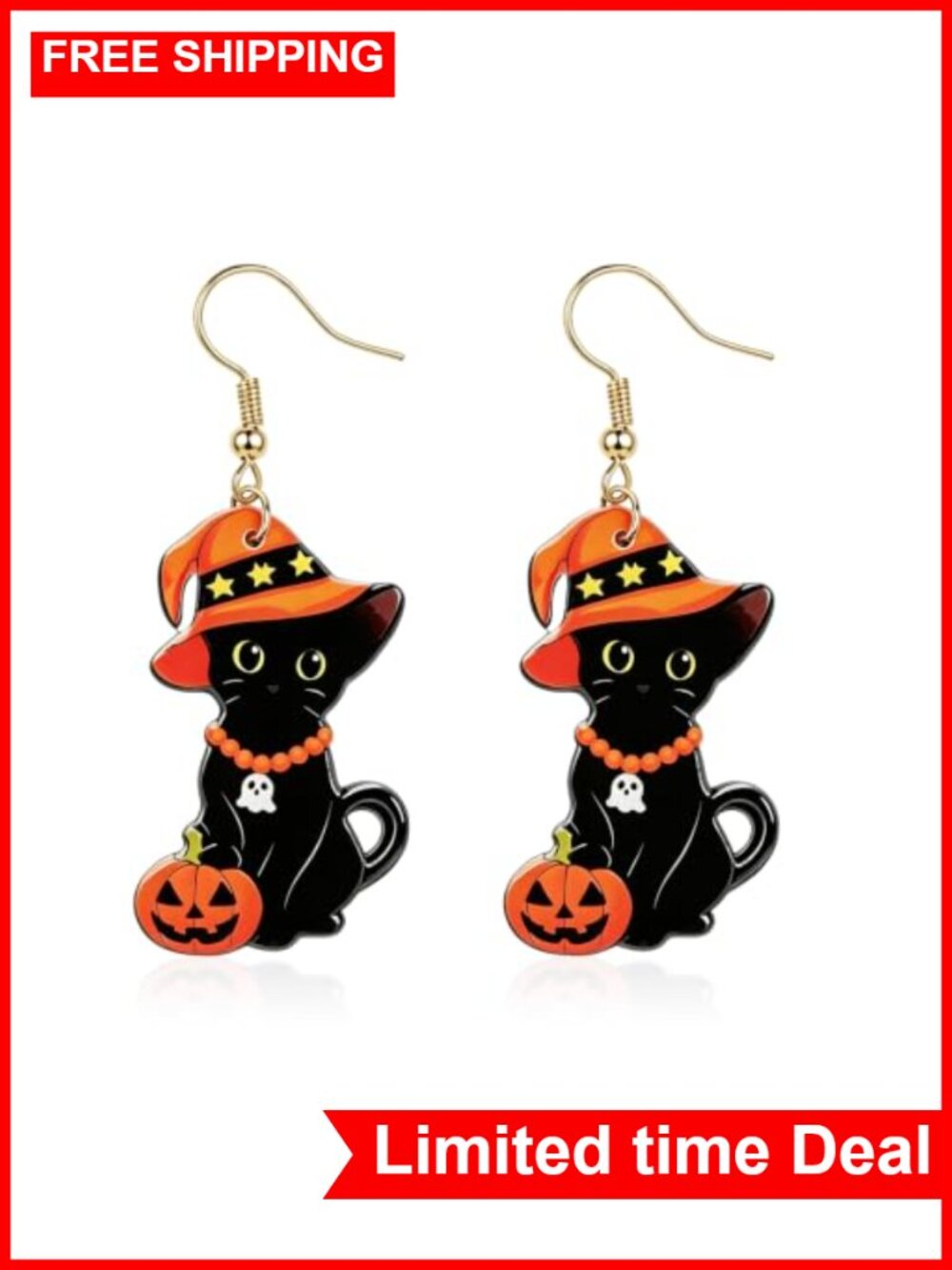 Stainless Steel Halloween Dangle Earrings Black Cat Witch Hat Pumpkin